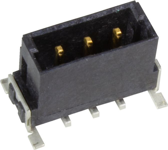 Schwarzer Steckverbinder mit drei goldenen Kontakten, oberer Ansicht. Er hat fünf seitliche Lötanschlüsse für die Befestigung auf einer Platine.