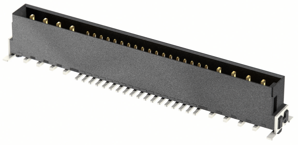 Ein schwarzer, rechteckiger Steckverbinder mit goldenen Kontakten und mehreren Anschlussstiften. Verwendet in elektronischen Geräten.