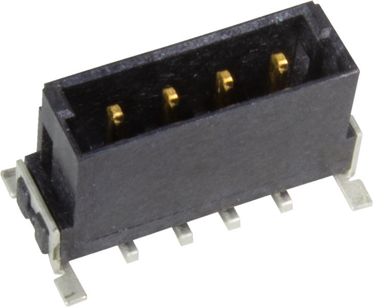 Ein schwarzer 4-poliger Stecker mit goldenen Kontakten in einem Kunststoffgehäuse zur elektrischen Verbindung auf eine Leiterplatte montiert.