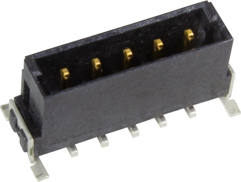 Ein schwarzer, rechteckiger und flacher Platinensteckverbinder mit fünf goldenen Kontakten und seitlichen Pins, für elektronische Verbindungen.