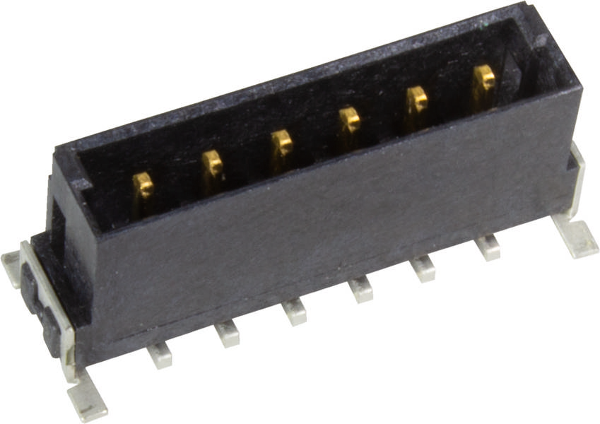 Ein rechteckiger Steckverbinder mit fünf sichtbaren goldenen Pins und seitlichen Metallbefestigungen.