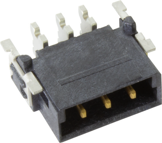 Ein schwarzer, rechteckiger Steckverbinder mit vier Anschlüssen, oft in elektronischen Geräten verwendet, um Verbindungen herzustellen.