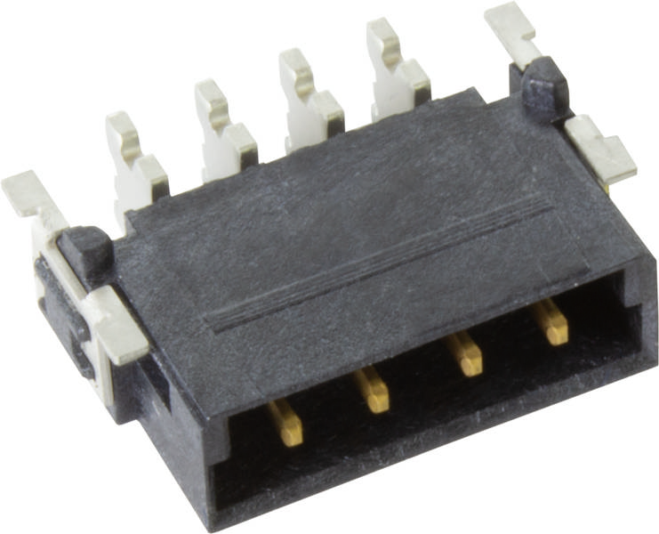 Ein schwarzer elektrischer Steckverbinder mit fünf goldfarbenen Pins, die oben freiliegen.