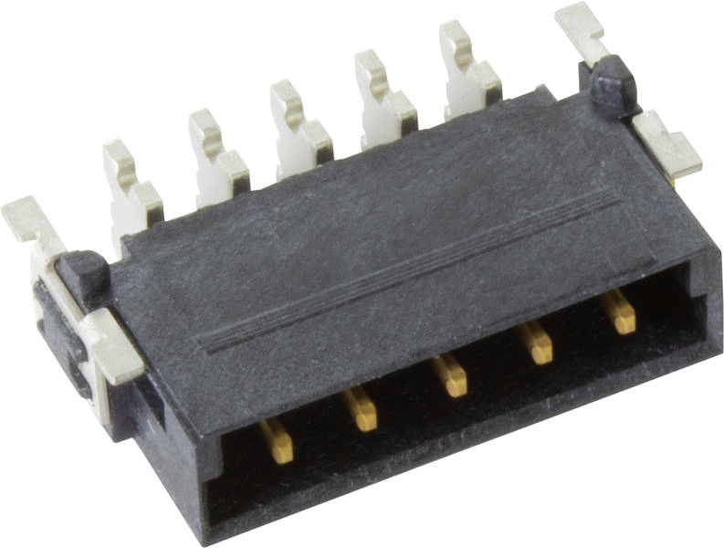 Ein rechteckiger elektrischer Steckverbinder mit sechs goldfarbenen Pins und schwarzen Kunststoffgehäuse, Draufsicht.