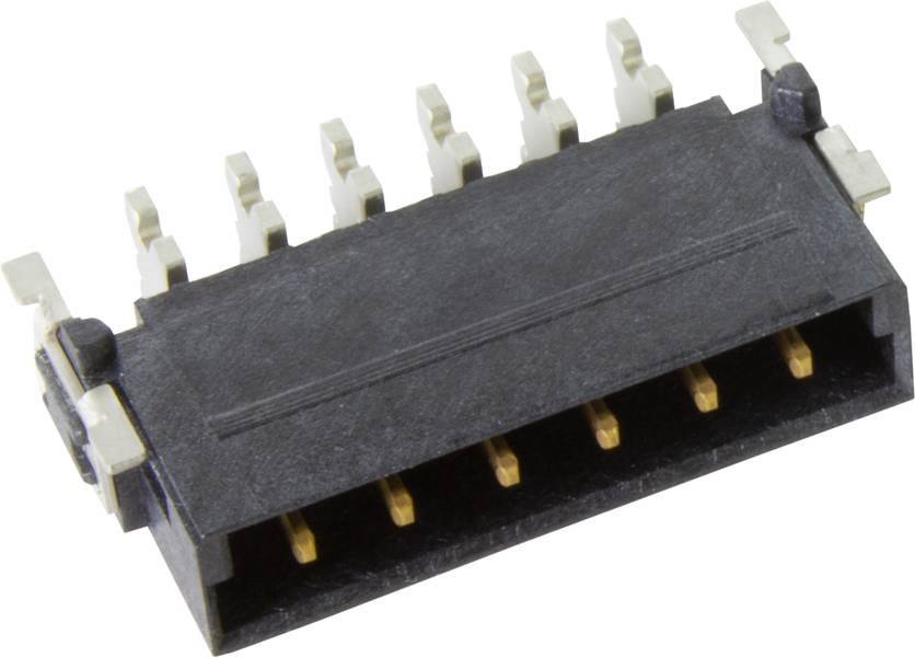 Ein schwarzer, rechteckiger elektronischer Steckverbinder mit goldenen Kontakten und mehreren Anschlussstiften.