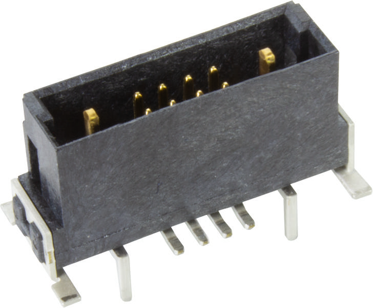 Ein schwarzer, rechteckiger elektronischer Steckverbinder mit mehreren goldenen Kontakten und silbernen Stiften zur Befestigung.