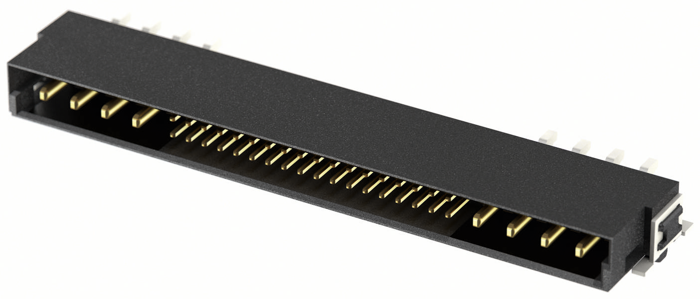 Ein schwarzer Steckverbinder mit goldfarbenen Pins zur elektrischen Verbindung in elektronischen Geräten.