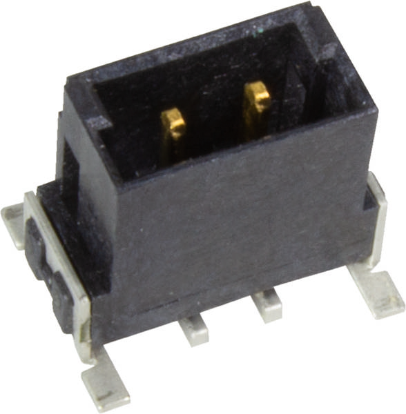 Schwarzer elektrischer Steckverbinder mit mehreren Metallpins und zwei goldfarbenen Kontakten, geeignet für Leiterplattenmontage.
