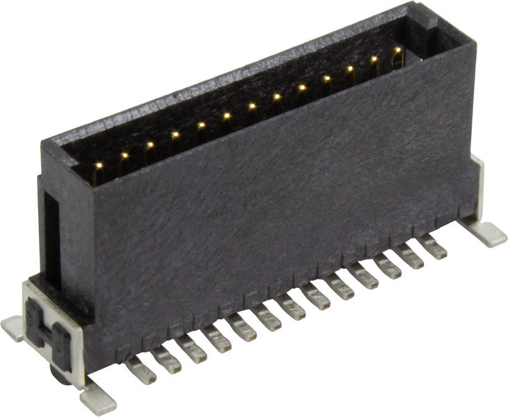 Ein schwarzer elektronischer Steckverbinder mit goldenen Kontakten und mehreren Metallstiften an der Unterseite.