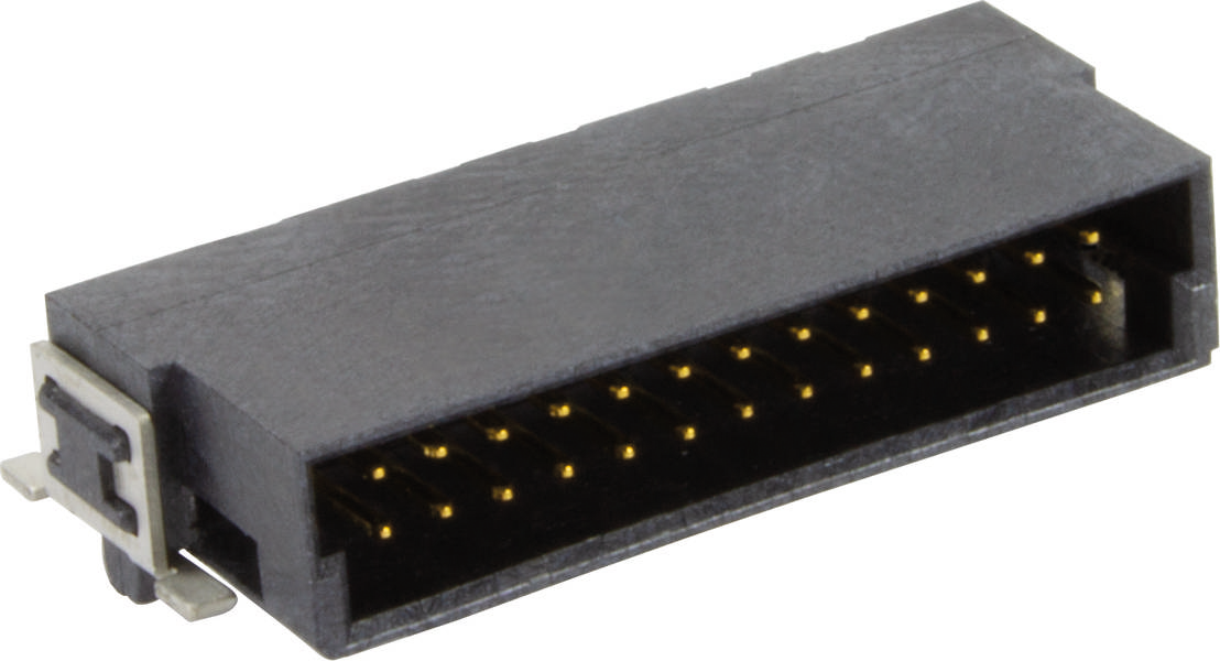 Ein schwarzer Elektronikstecker mit mehreren goldfarbenen Pins, typischerweise verwendet für Daten- und Stromverbindungen.