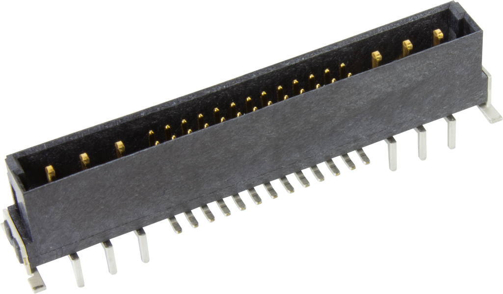 Elektronischer Steckverbinder mit schwarzen Kunststoffgehäuse und goldfarbenen Pins, verwendet für den Anschluss an Leiterplatten.