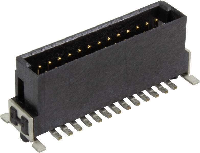 Ein schwarzer Steckverbinder mit mehreren Metallkontakten, eingesetzt für elektrische Verbindungen auf Leiterplatten.