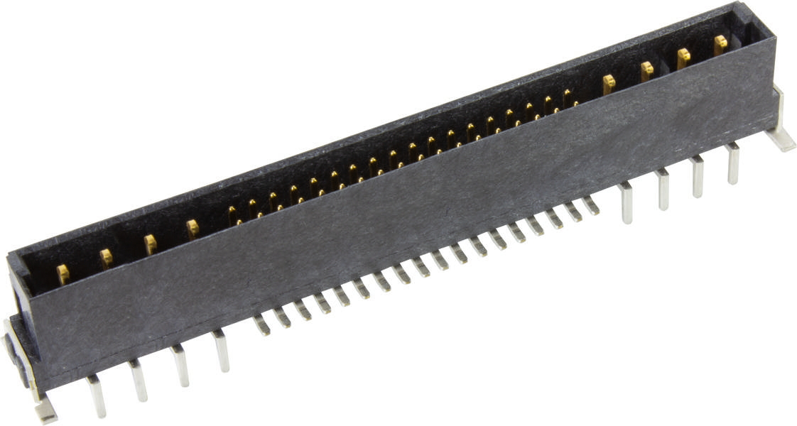 Elektronischer Stecker mit 50 goldenen Pins, rechteckig, zur Montage auf einer Leiterplatte geeignet.