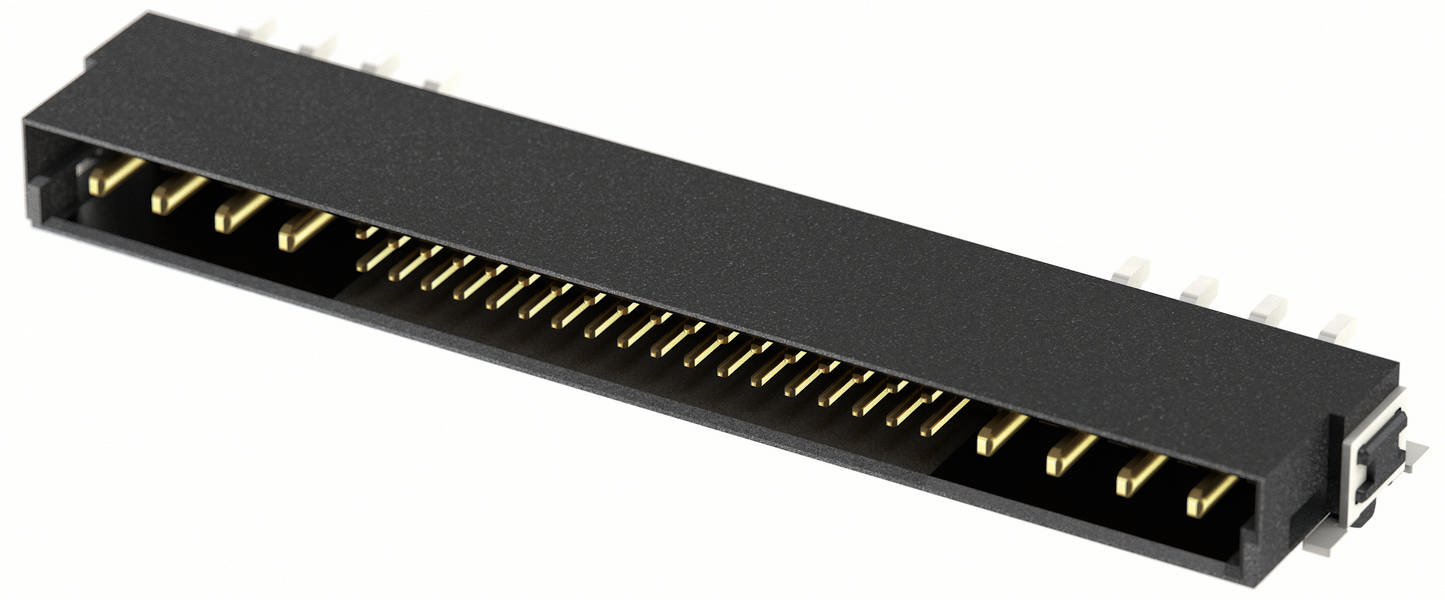 Ein schwarzer elektrischer Steckverbinder mit mehreren goldenen Pins, der wahrscheinlich zur Verbindung von elektronischen Bauteilen dient.