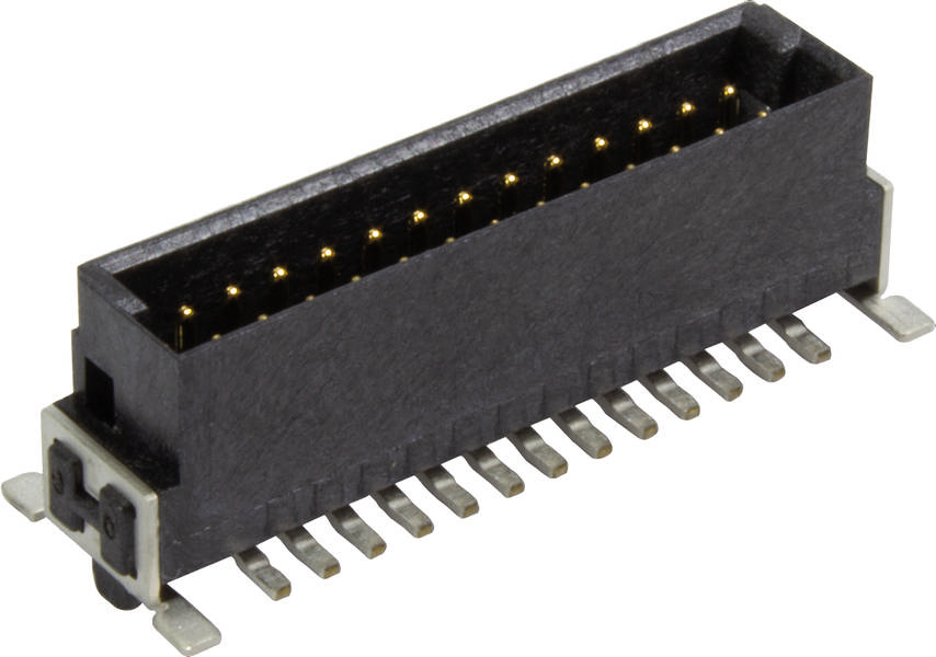 Schwarzer Verbindungstecker mit mehreren Metallpinnen auf weißem Hintergrund.