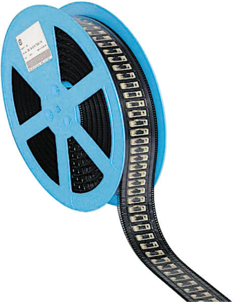 Eine blaue Spule mit elektronischen Bauteilen, die entlang eines Bandes aufgereiht sind, zeigt einen Standard für automatisierte Montage.