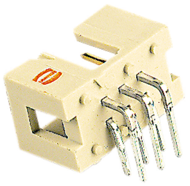 Ein beige Kunststoffstecker mit fünf metallischen Anschlussstiften, die seitlich herausragen.