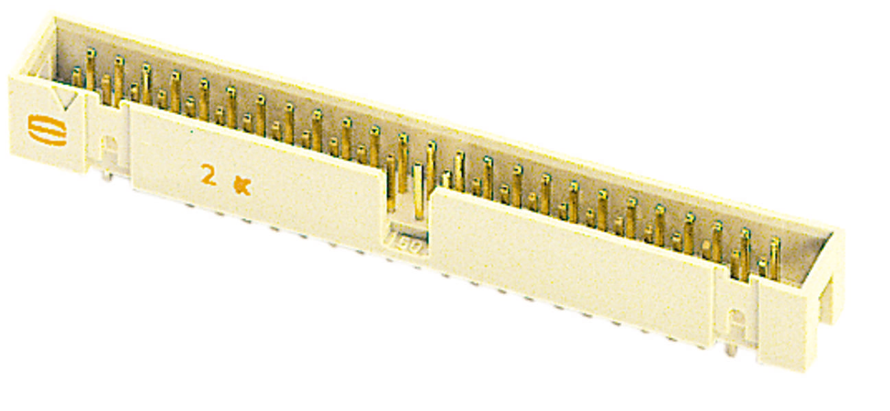 Ein weißer rechteckiger elektronischer Stecker mit goldenen Stiften, verwendet zur Verbindung von Leiterplatten in elektronischen Geräten.