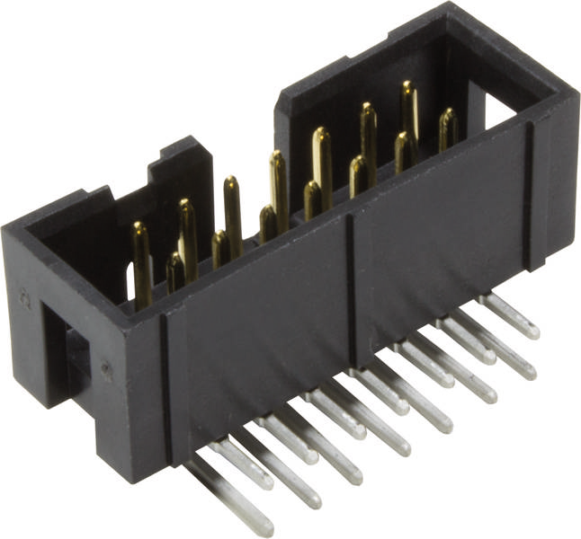 Schwarzer, rechteckiger Elektronik-Stecker mit mehreren goldenen Pins, die oben aus einem schwarzen Gehäuse ragen, und silbernen Stiften unten.