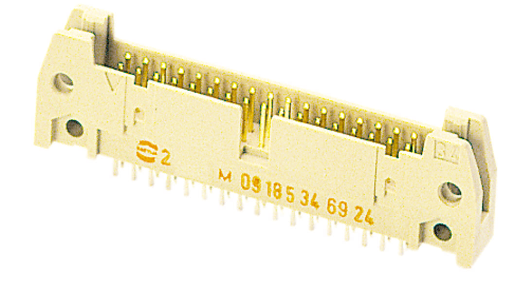 Ein beige Steckverbinder mit mehreren Metallpins, wahrscheinlich ein elektronischer Bauteil für die Verbindung von Platinen.
