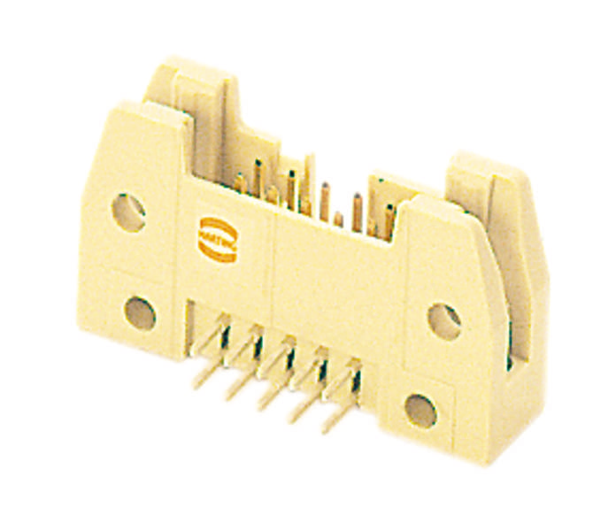 Ein cremefarbener Steckverbinder für elektronische Geräte, mit mehreren Stiften und zwei Schraubbefestigungen auf beiden Seiten.