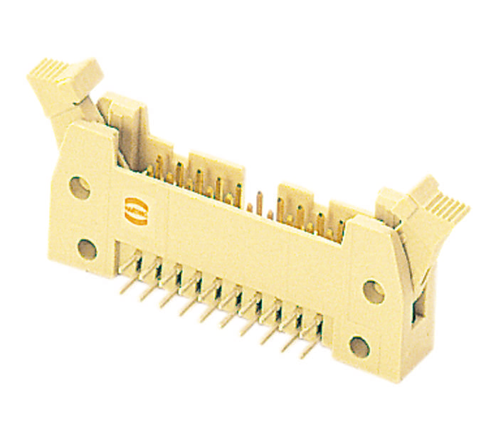 Ein beige Steckverbinder mit mehreren Metallpins und zwei seitlichen Hebeln zur Sicherung von elektronischen Verbindungen.
