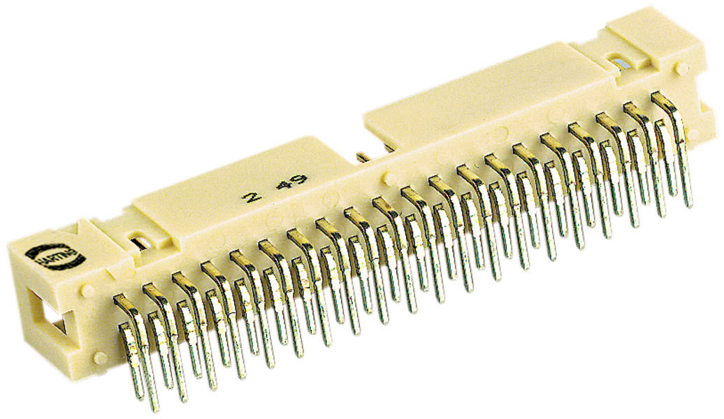 Ein rechteckiger Steckverbinder mit vielen Metallstiften, die aus der Unterseite herausragen. Geeignet für elektronische Schaltungen.
