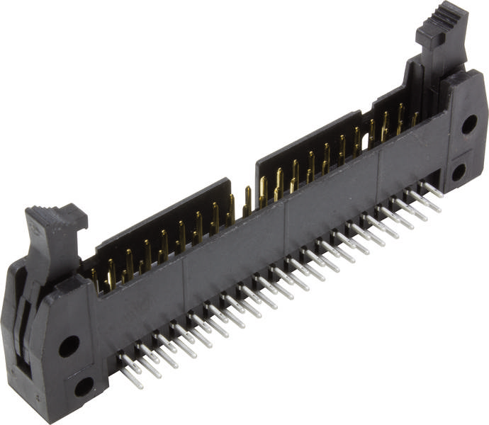 Ein schwarzer, rechteckiger Steckverbinder mit goldenen Pins und seitlichen Halterungen, zum Anschluss von elektronischen Komponenten.