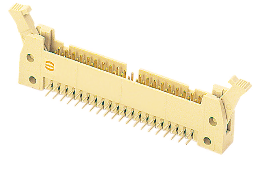 Ein beige Steckverbinder mit mehreren Stiften und seitlichen Halterungen, geeignet für elektronische Geräte oder computergestützte Systeme.