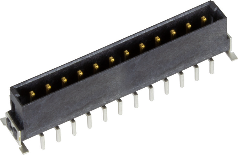 Ein schwarzer Steckverbinder mit 12 goldfarbenen Pins, geeignet für elektronische Verbindungen auf Leiterplatten.