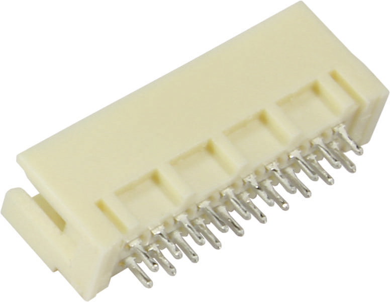 Ein weißer Steckverbinder mit mehreren Metallstiften, der zur elektrischen Verbindung dient.