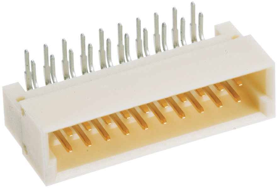 Rechteckiger elektronischer Steckverbinder mit goldenen Kontakten und Metallpins.