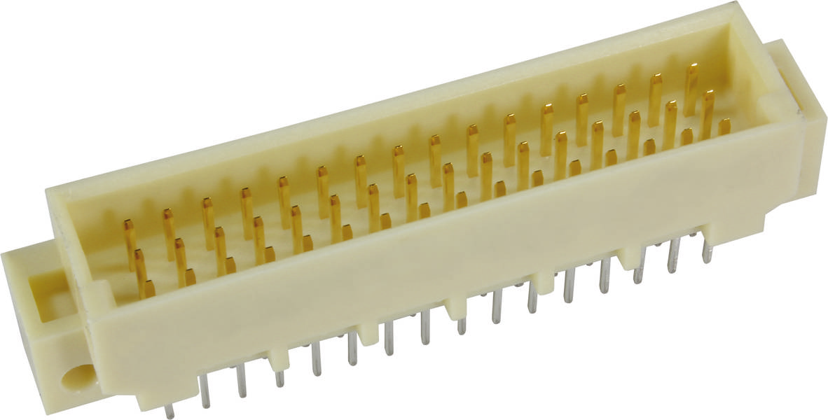 Ein rechteckiger, beige Steckverbinder mit mehreren goldenen Stiften, geeignet für elektronische Verbindungen oder Geräte.