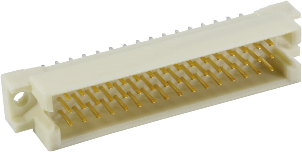 Ein weißer elektrischer Steckverbinder mit mehreren goldenen Pins, der für Leiterplattenverbindungen verwendet wird.