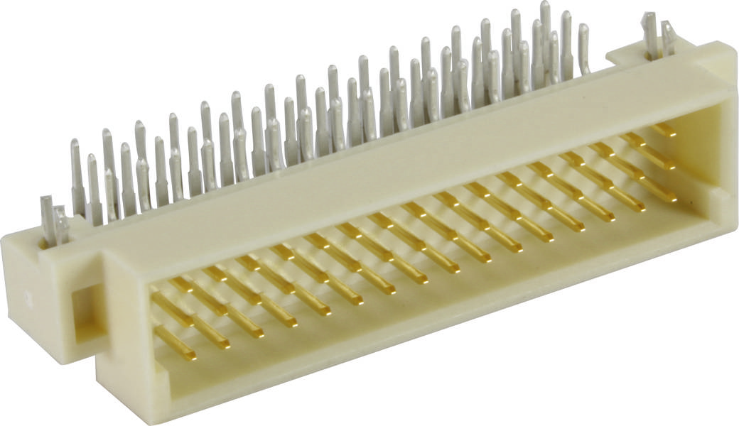 Ein weißer Steckverbinder mit zahlreichen metallischen Pins, die aus einer rechteckigen Kunststoffbasis herausragen.