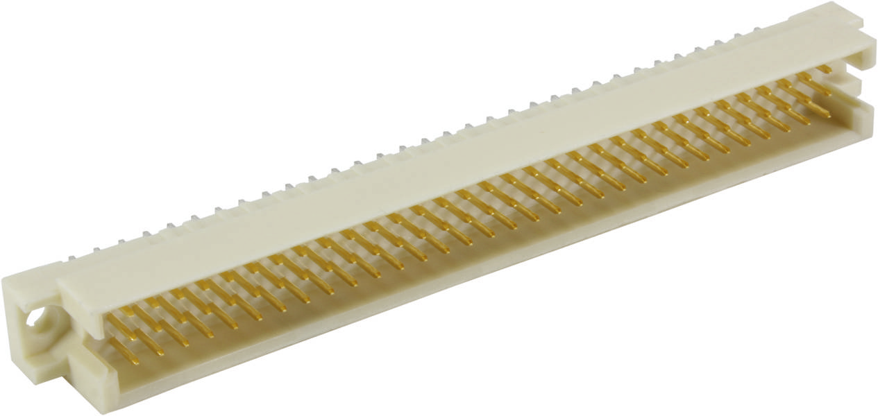 Ein cremefarbener elektrischer Steckverbinder mit goldenen Kontakten, horizontal ausgerichtet, auf neutralem Hintergrund.