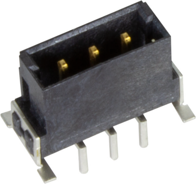 Ein schwarzer, rechteckiger Stecker mit goldfarbenen Kontakten und sechs metallischen Pins an der Unterseite.