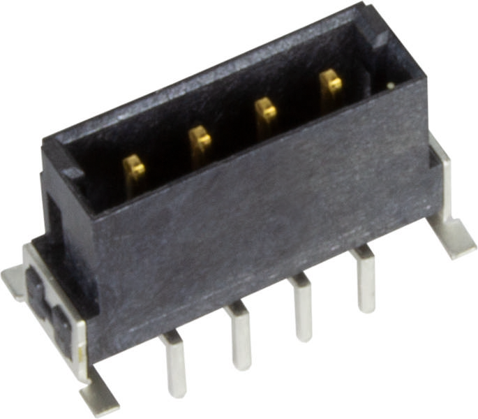 Ein schwarzer elektrischer Steckverbinder mit sechs Metallpins, geeignet für Leiterplattenverbindungen in elektronischen Geräten.