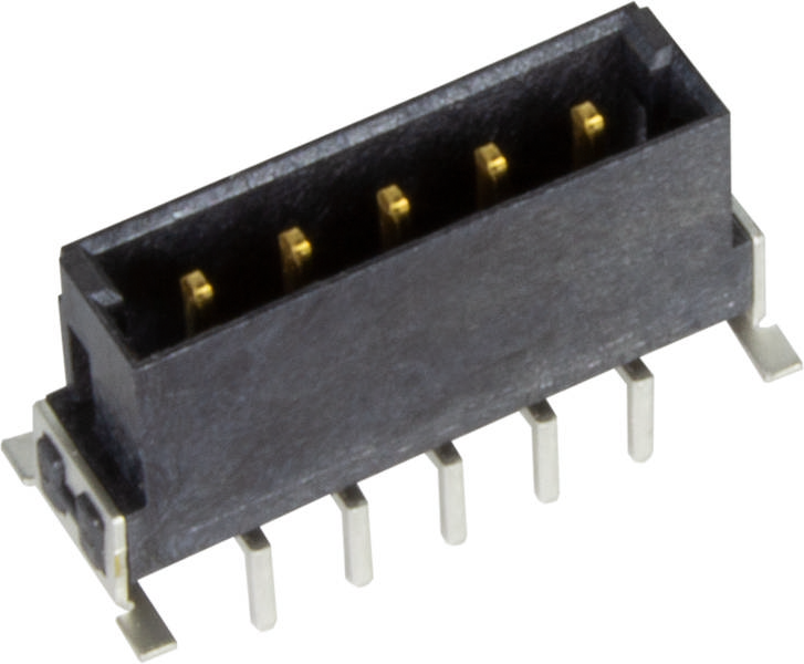 Ein schwarzer, rechteckiger elektrischer Anschluss mit fünf goldenen Steckplätzen und neun Metallstiften, üblicherweise für Platinen.