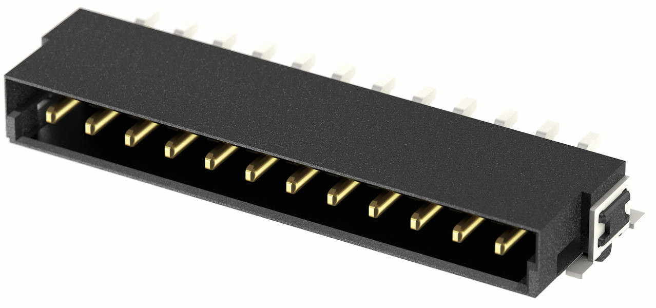 Schwarzer elektrischer Steckverbinder mit 16 goldenen Pins und weißem Gehäuse auf der rechten Seite, seitliche Ansicht.