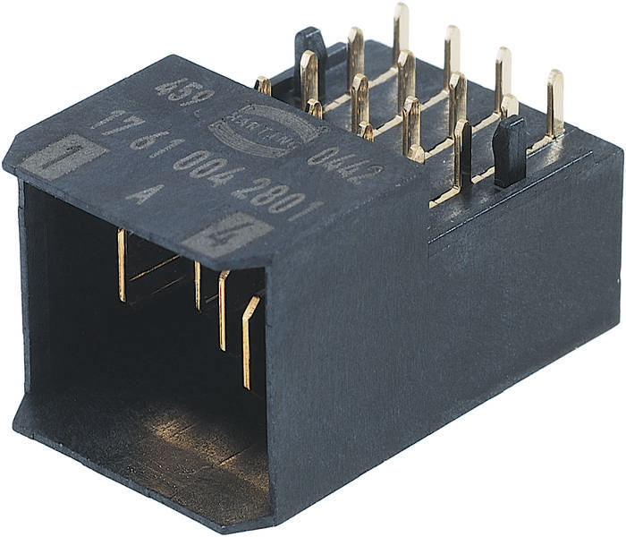 Schwarzer 16-poliger Stecker mit goldenen Pins. Markierung auf der Oberseite: '17 61 004 2801'.