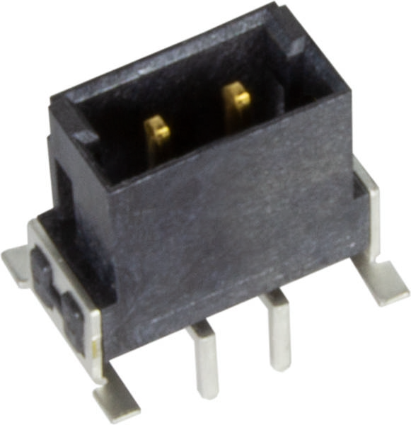 Ein schwarzer Elektronikstecker mit drei Metallpins, geeignet für Leiterplattenmontage. Ideal für Verbindungen in elektronischen Schaltkreisen.