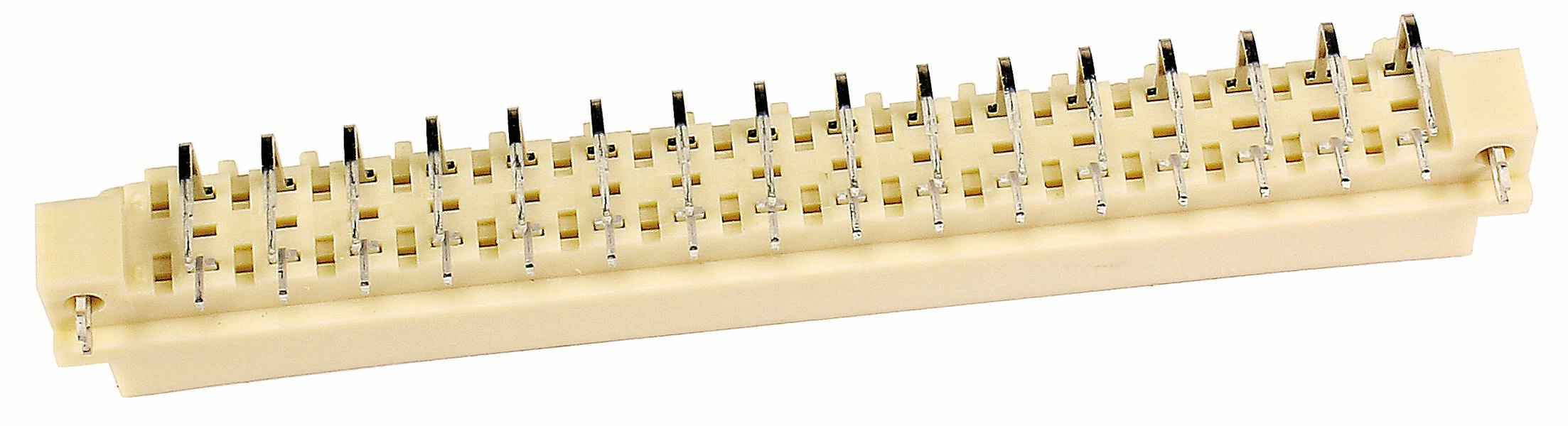 Ein rechteckiger, beige Steckverbinder mit mehreren Metallstiften sichtbar auf der Oberseite.