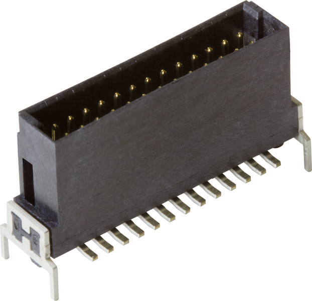 Ein schwarzer, rechteckiger elektrischer Steckverbinder mit mehreren Pins und Metallanschlüssen auf einer weißen Oberfläche.
