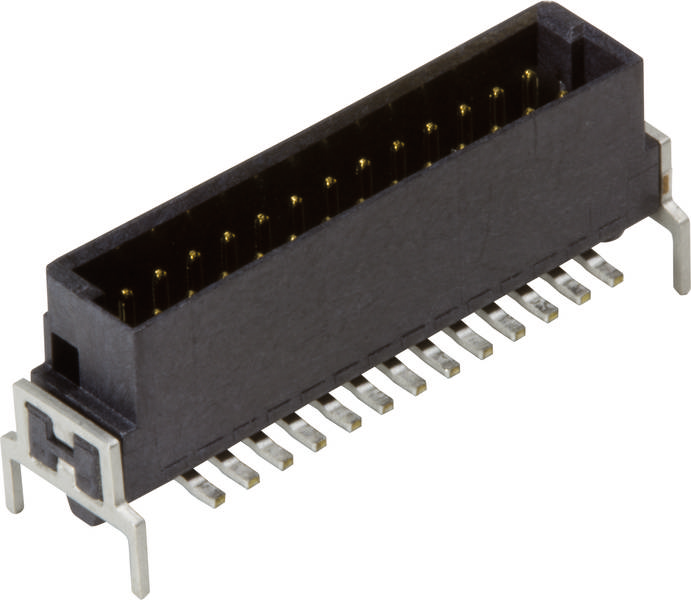 Ein schwarzer Steckverbinder mit mehreren Metallpins, typisch für elektronische Platinen.