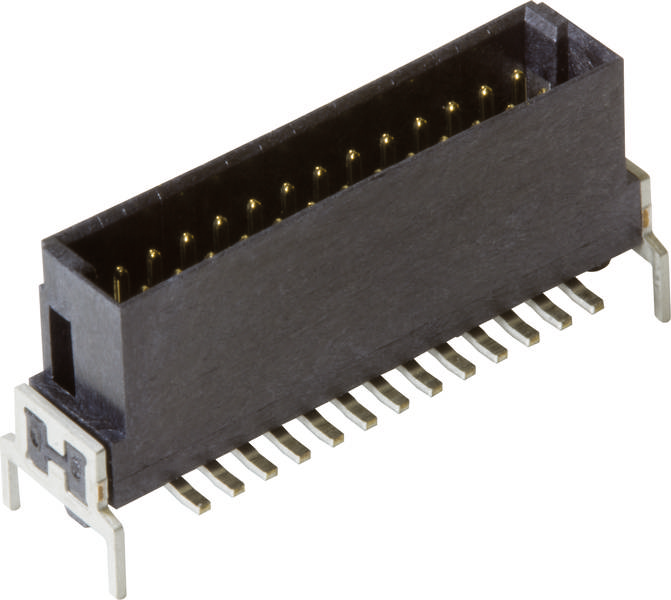 Schwarzer Steckverbinder mit 20 Metallstiften. Elektronisches Bauteil, häufig für die Verbindung von Platinen verwendet.