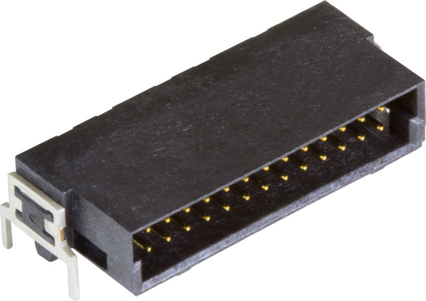 Schwarzer elektrischer Stecker mit vielen kleinen Metallpins, geeignet zum Verbinden elektronischer Geräte.