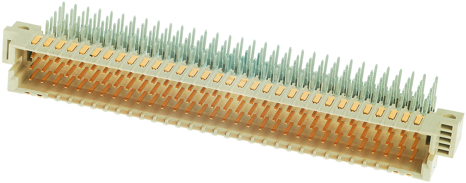 Ein länglicher elektronischer Steckverbinder mit mehreren Reihen von Metallpins, die für elektronische Schaltkreise verwendet werden.