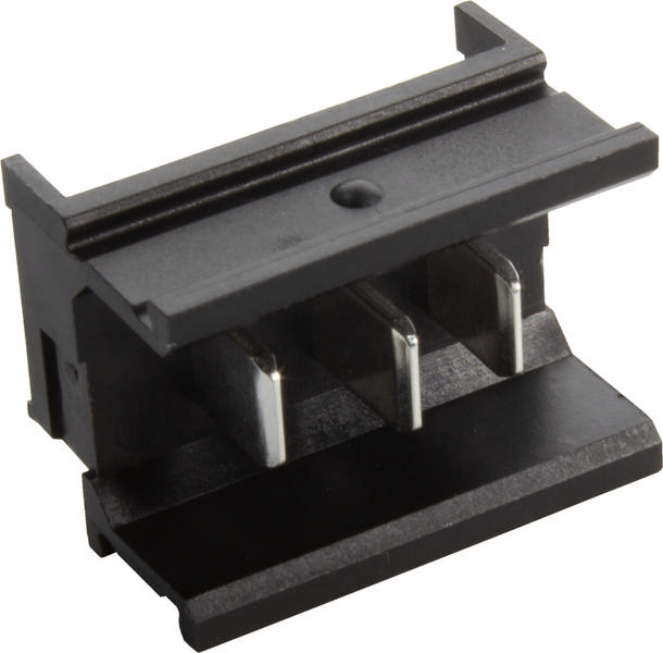 Schwarzes Kunststoffsteckverbindergehäuse mit drei metallischen Kontaktstiften. Rückansicht zeigt die Stifte in gleichmäßigen Abständen.