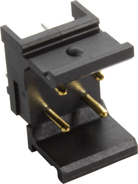 Ein schwarzer elektrischer Schalter mit zwei goldfarbenen Anschlüssen, die aus der Unterseite herausragen, auf weißem Hintergrund.